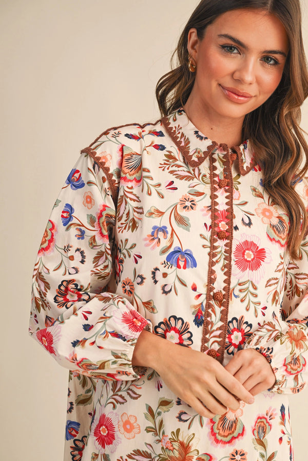 Cream Blanket Stitch Buttoned Mini Dress