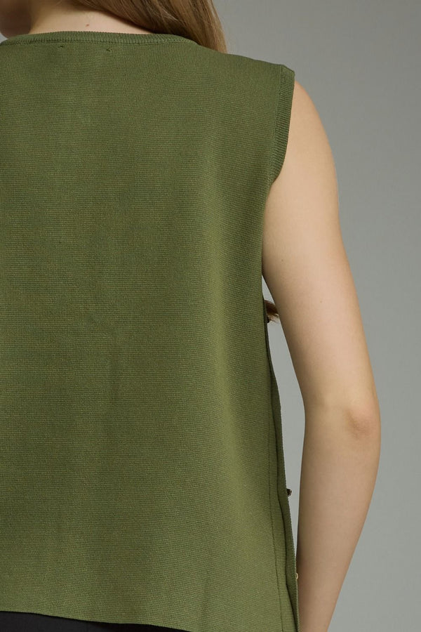 Olive Solid Sleeveless Knit Top Featuring Side Button Closure