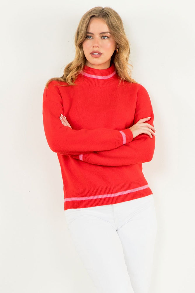 Red Mock Neck Knit Sweater