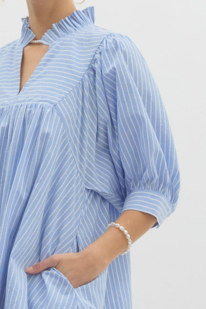 Pinstripe V-Neck Dress - Chambray