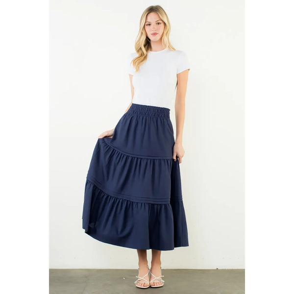 Navy Smocked Waist Tiered Long Skirt