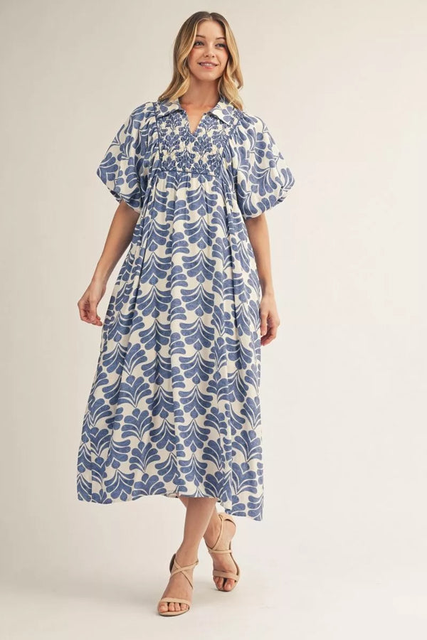 Short Puff Sleeves Denim Boho Floral Midi Dress w Smocked Chest