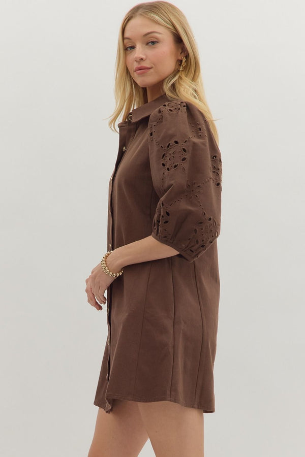 Brown Solid Eyelet Puff Sleeve Mini Dress