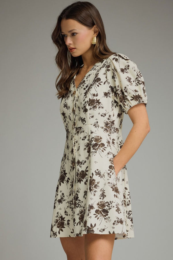 Ecru Floral Print V-neck Short Puff Sleeve Mini Dress