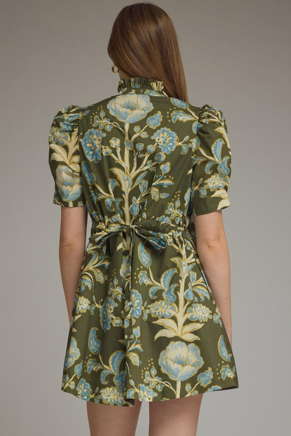 Olive Floral print Mini Dress Featuring Self-Tie Waist at Back