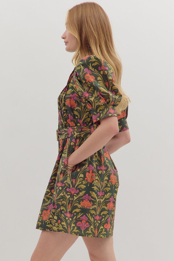 Olive Botanical Print Puff Sleeve Mini Dress w Buckle Belt