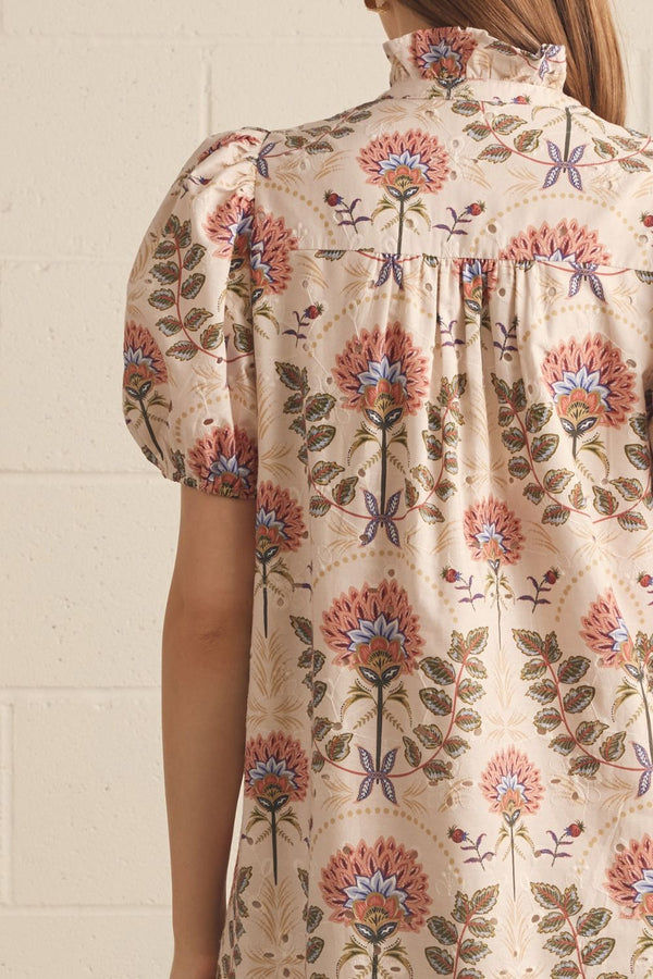 Eyelet Floral Print Puff Sleeve Midi Dress Featuring Ruffle Neck Detail