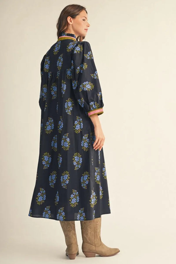 Puff Shoulder Black & Floral Midi Dress w Notched V Neck