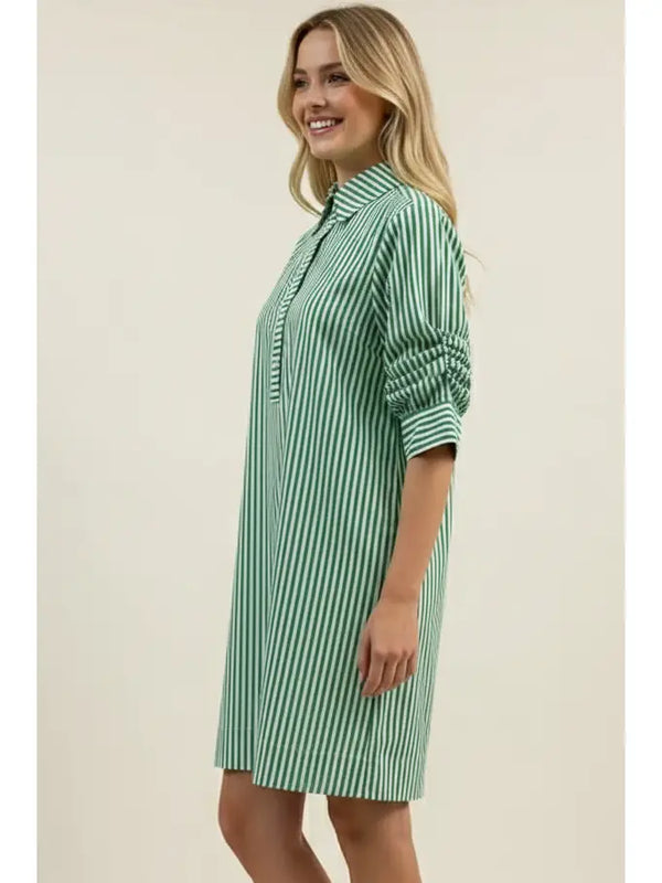 Green Stripe Button Down Mini Dress