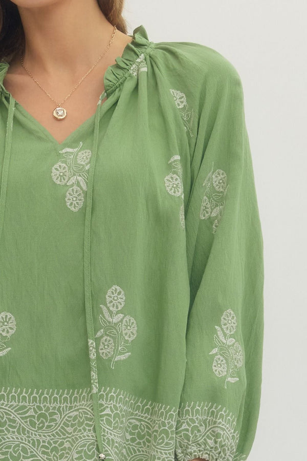 Sage Floral Print Raglan Puff Sleeve w Tie Detail & Ruffled Neck