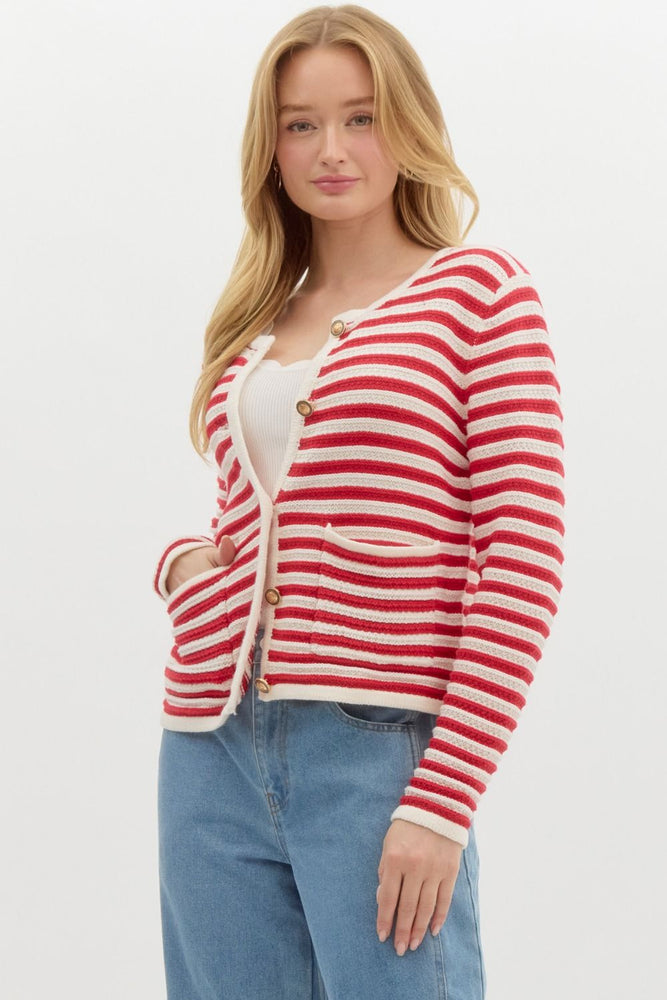 Red Striped Sweater Knit Cardigan