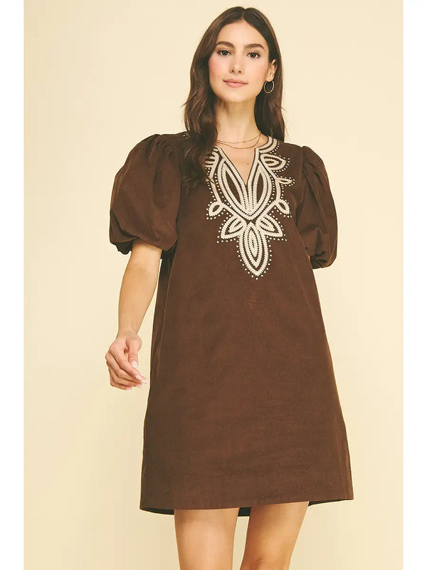 Corduroy Emboidery Detailed Mini Dress | Chocolate