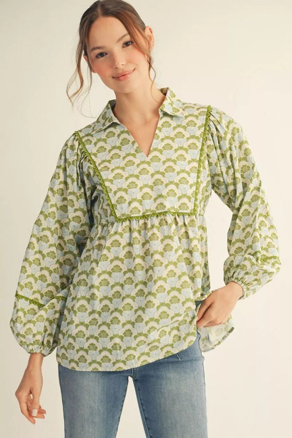 Long Sleeves Avocado Boho Floral Top
