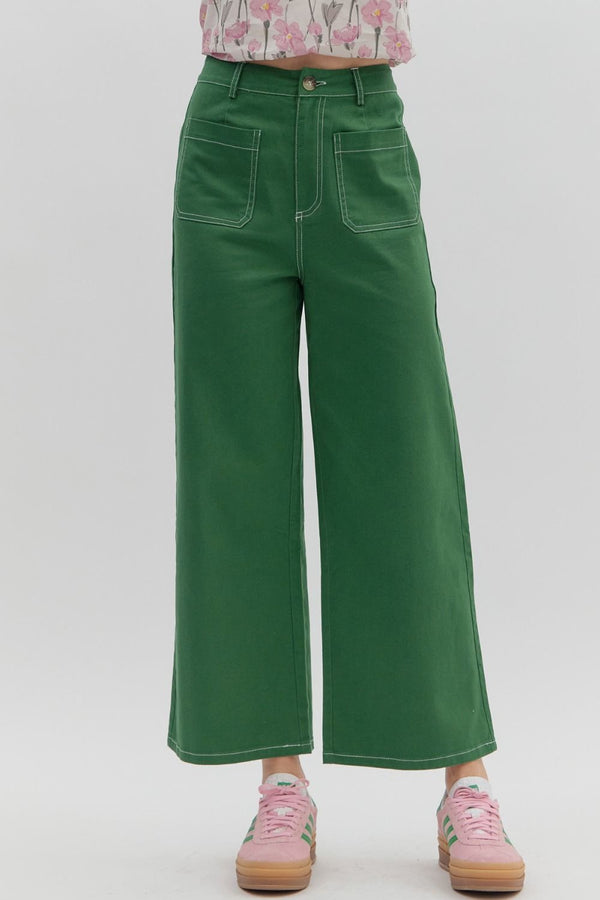 Emerald High-Waist Pants w Exposed Stitch Detail and Patch Pockets