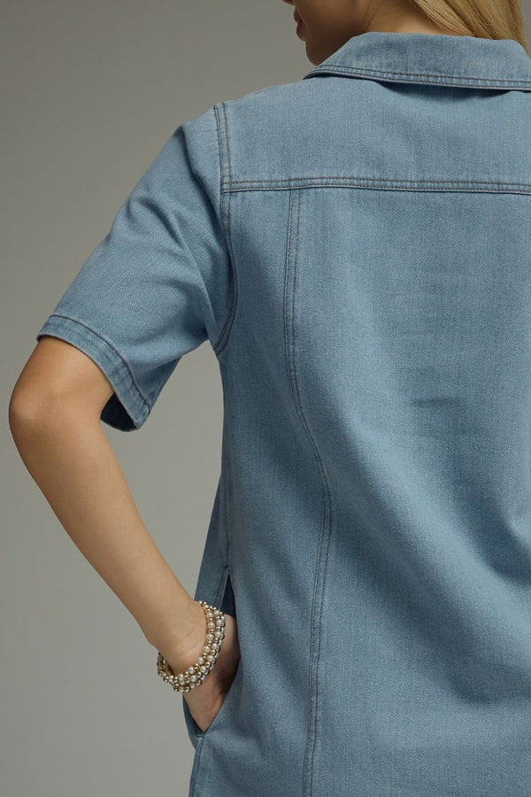 Denim Collared Short Sleeve Mini Dress w Front Zipper