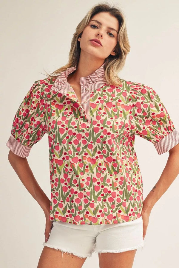 Short Puff Sleeve Red Floral Top w Stripe Contrast & Ruffled Neckline