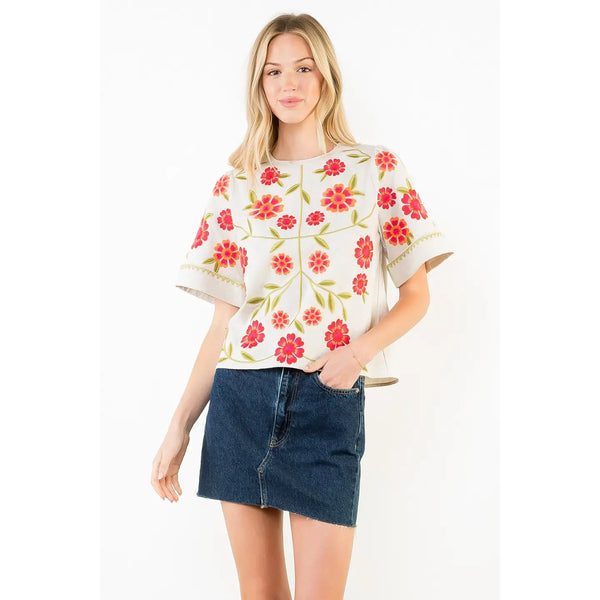 Short Sleeve Floral Embroidery Detail Top Beige