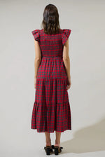 Arvada Plaid Sunfire Smocked Bodice Tiered Midi Dress