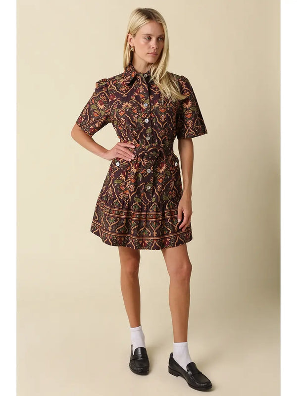Belen Chocolate Paisley Belted Mini Dress