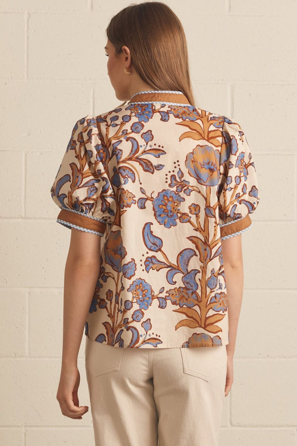 Ecru & Floral Print Puff Sleeve Top featuring Contrast Binding