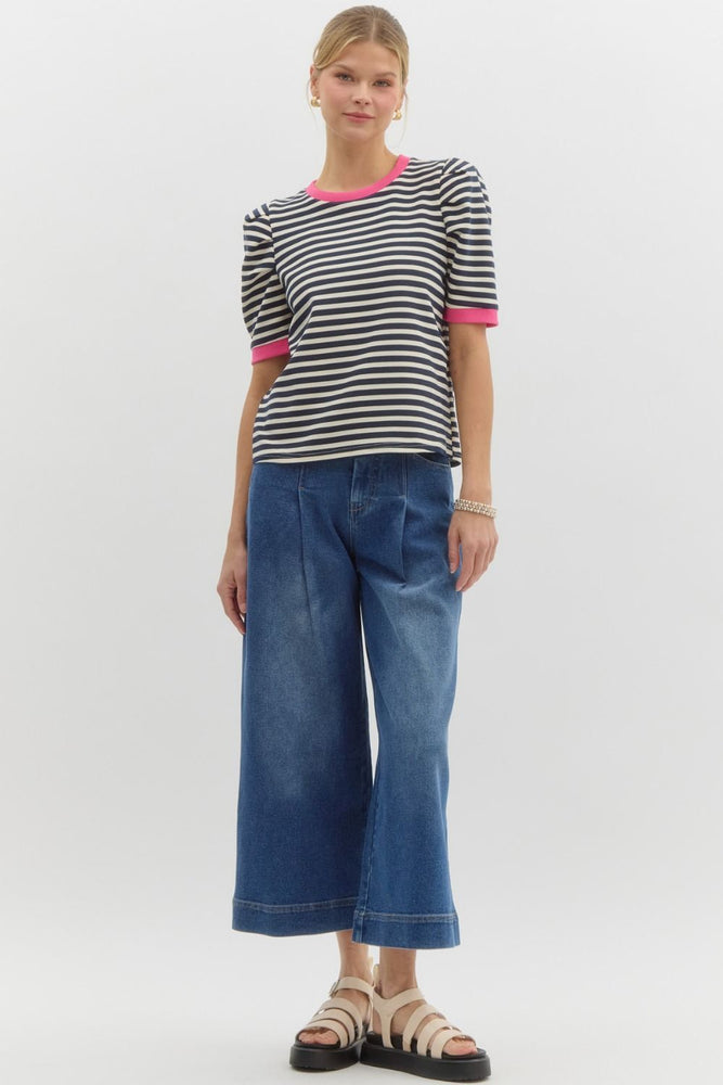 Navy Striped Top w/ Hot Pink Trim