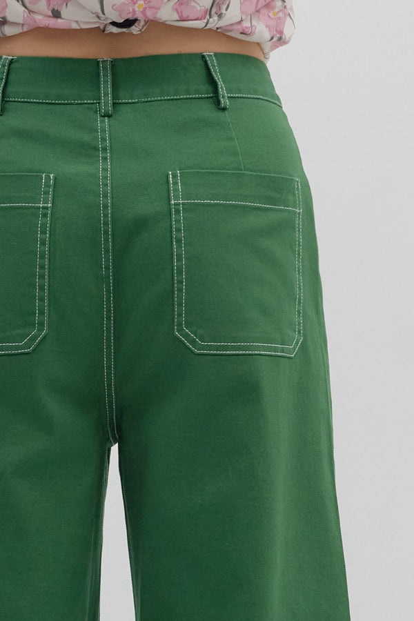 Emerald High-Waist Pants w Exposed Stitch Detail and Patch Pockets