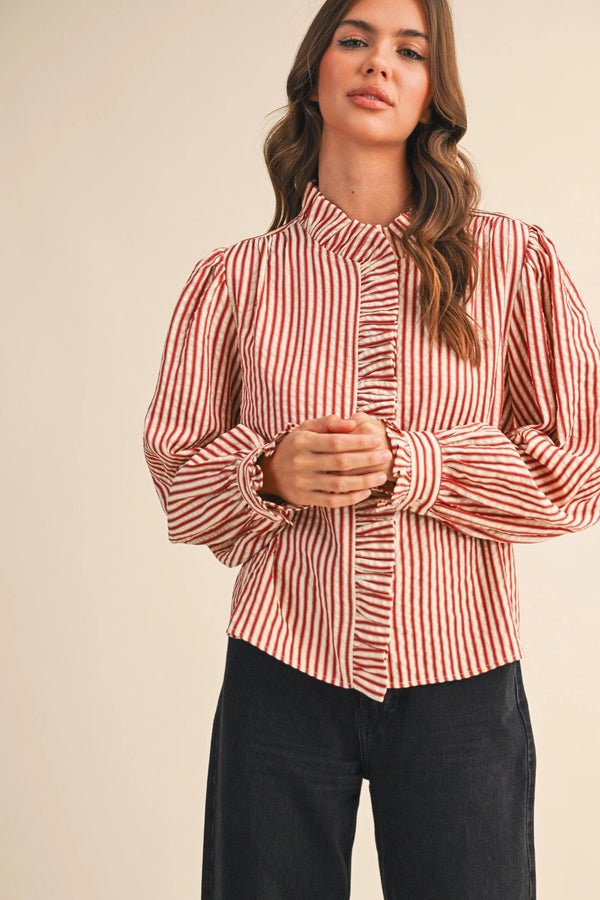 Red Striped Ruffled Button Down Long Sleeve