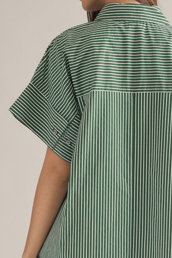 Green Stripe Shirt-Style Midi Dress featuring Side Slits