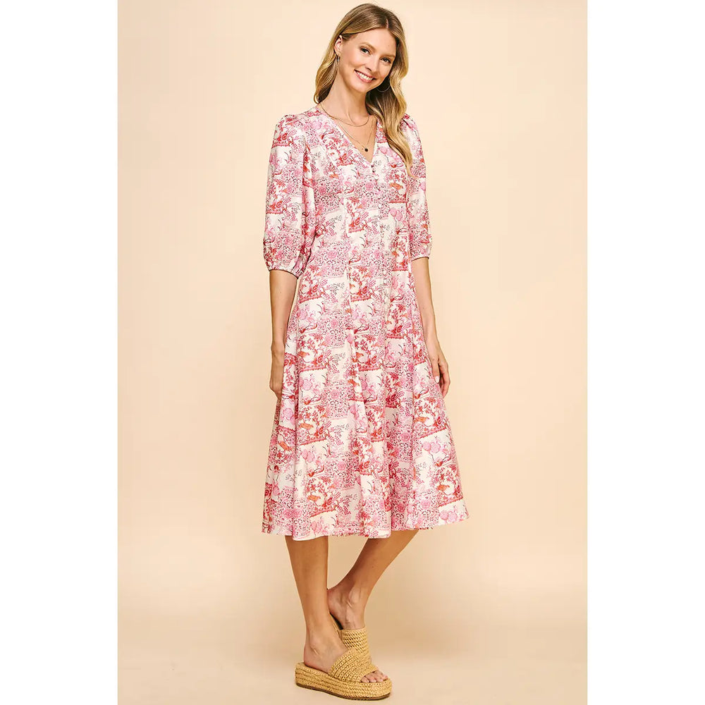 V-Neck Buttondown Midi Dress - Cream Pink