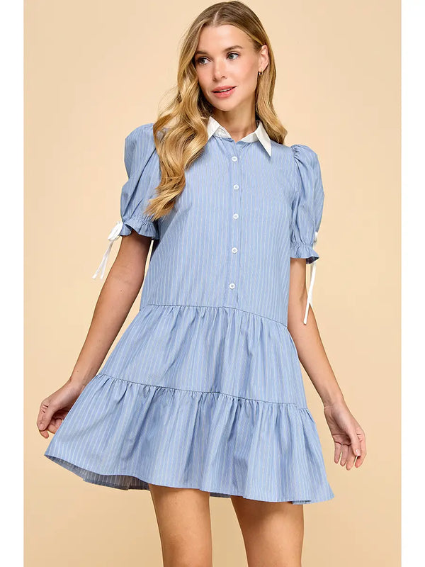 Striped Button Up Contrast Collar Shirt Dress