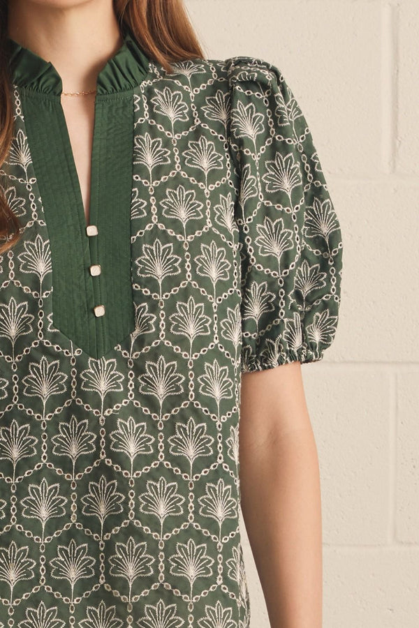 Army Embroidered Puff Sleeve Top w Ruffle Neck