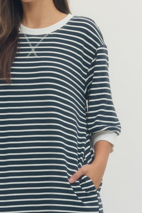 Navy Striped 3/4 Sleeve Mini Dress