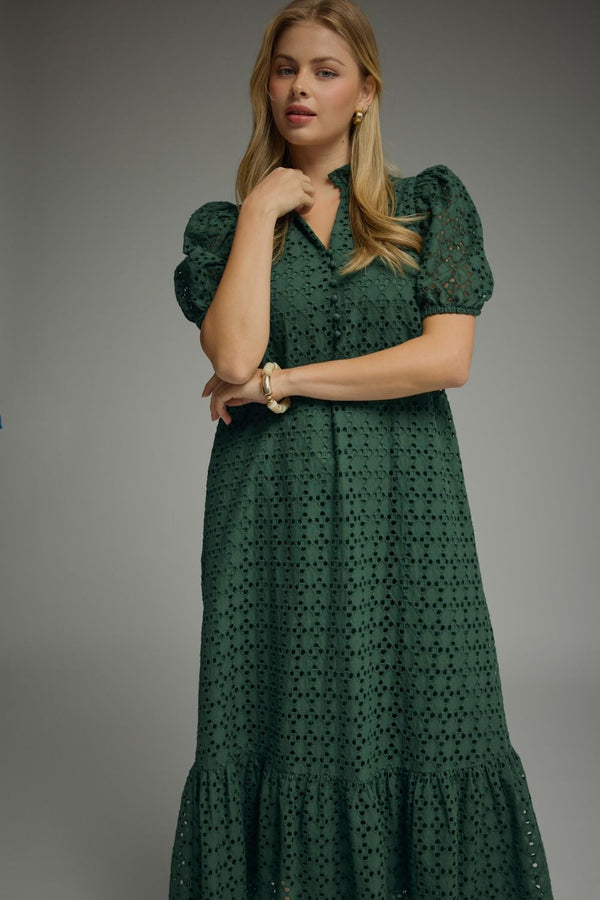 Green Eyelet Puff Sleeve Midi Dress w Ruffled Mock Neck