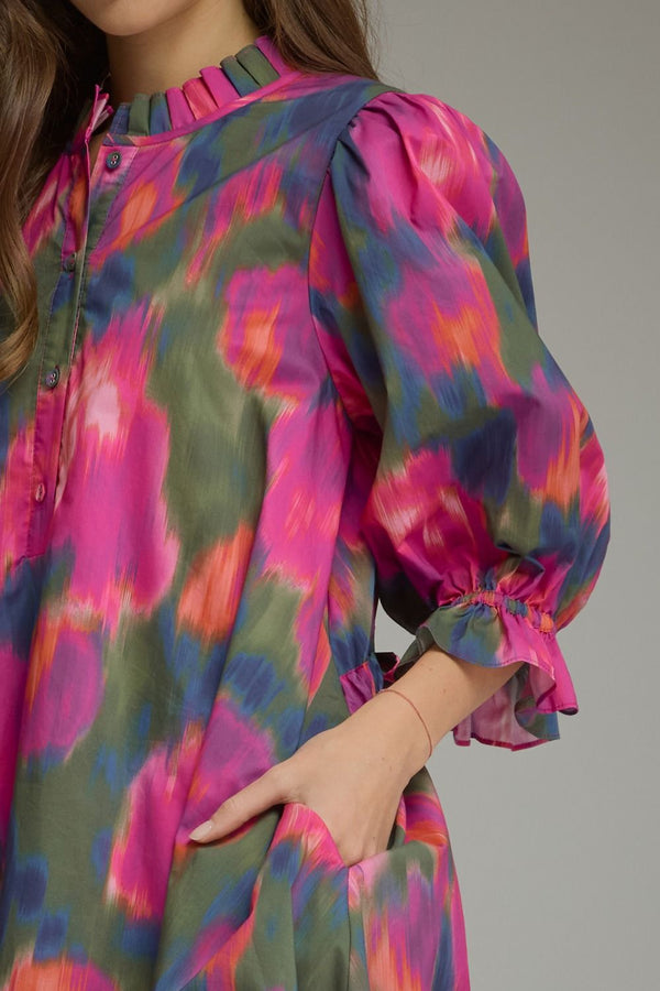 Magenta Printed Puff Sleeve Mini Dress w Ruffled Mock Neck