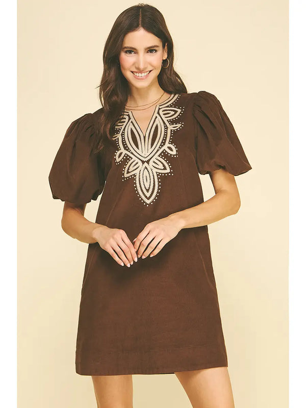 Corduroy Emboidery Detailed Mini Dress | Chocolate