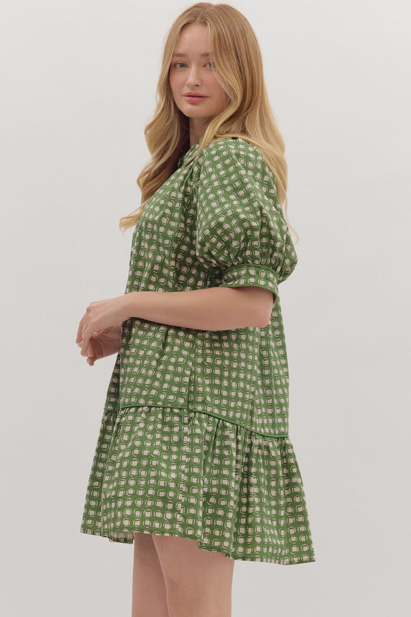 Olive Geometric Print Short Puff Sleeve Mini Dress