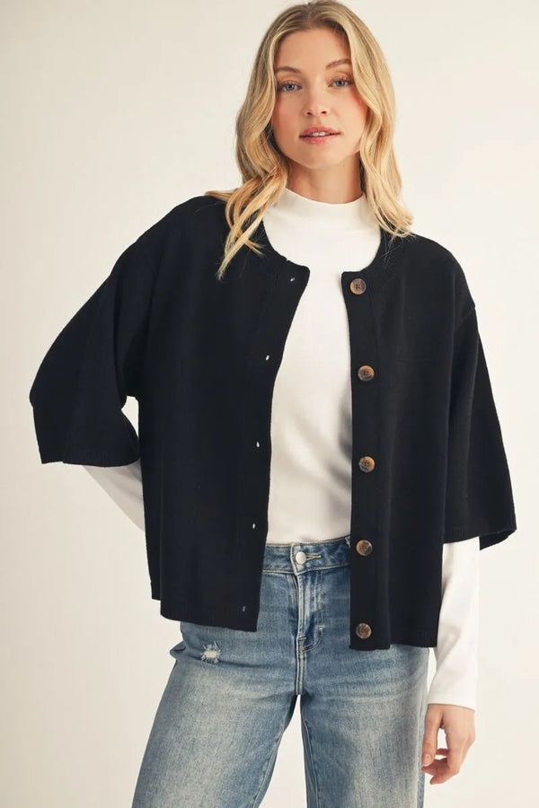 Black Drop Shoulder 3/4 Sleeves Button Down Cardigan