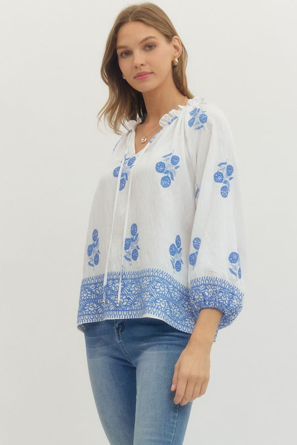 White Floral Print Raglan Puff Sleeve w Tie Detail & Ruffled Neck