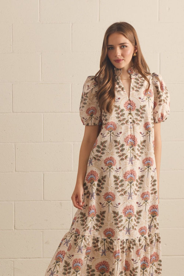 Eyelet Floral Print Puff Sleeve Midi Dress Featuring Ruffle Neck Detail