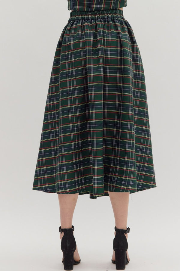 Green Plaid Pattern Pull-On Midi Skirt