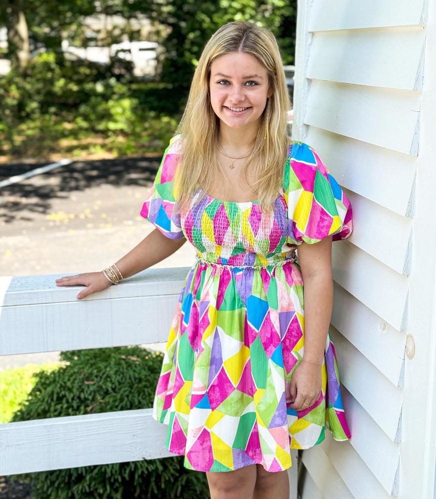 Brushed Geo Print Smocked Dress