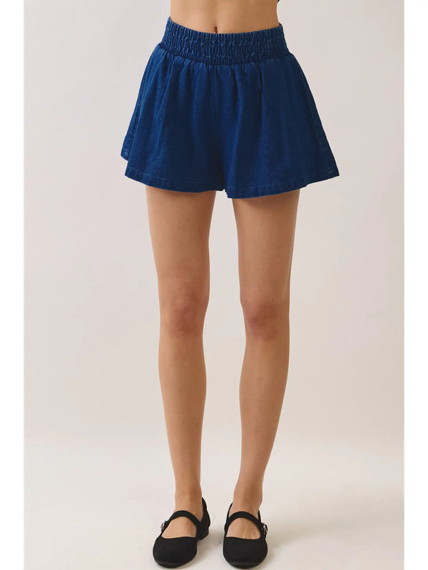 Denim Smocked Waist Side Pockets Shorts