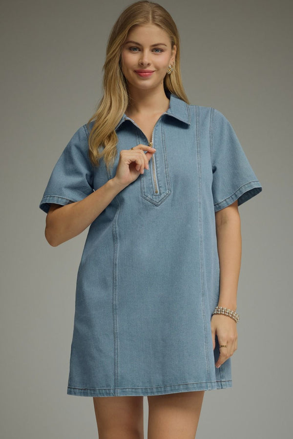 Denim Collared Short Sleeve Mini Dress w Front Zipper