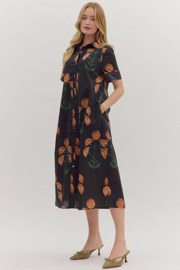 Black Floral Print Short Sleeve Midi Dress