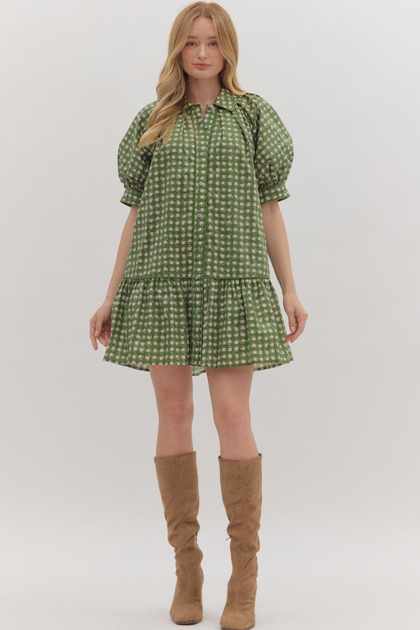 Olive Geometric Print Short Puff Sleeve Mini Dress