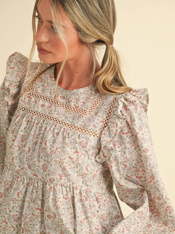 Cream Floral Ruffled Puff Sleeve Lace Trim Top