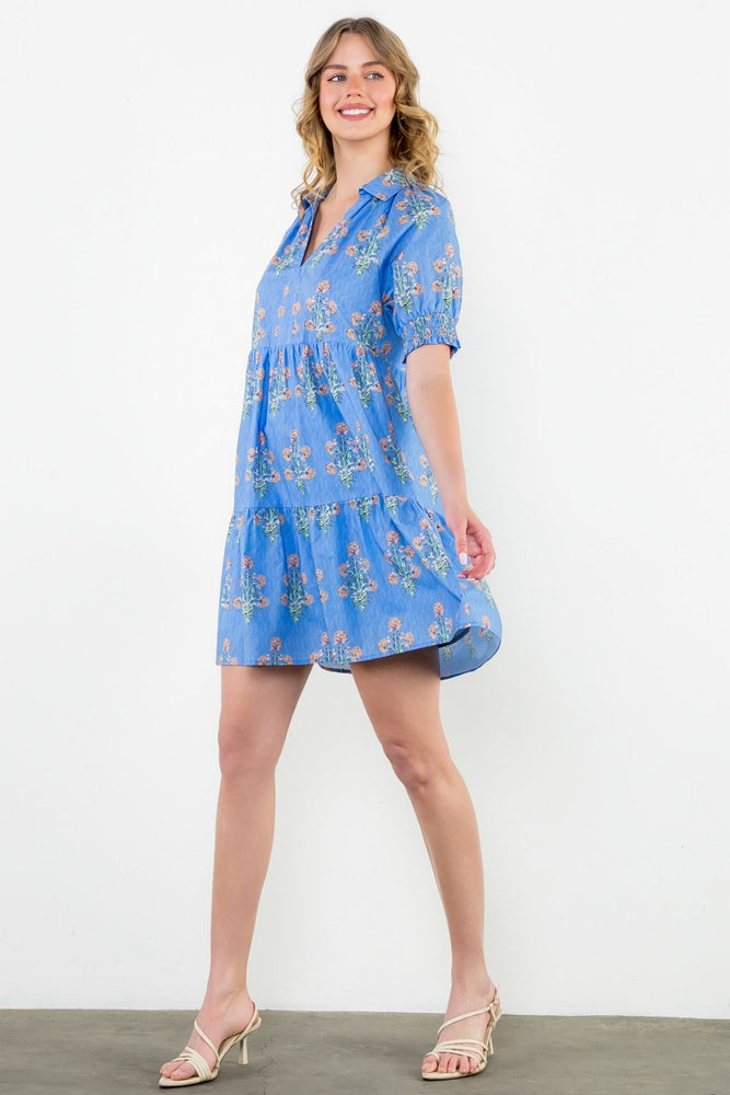 Blue Puff Sleeve Floral Dress