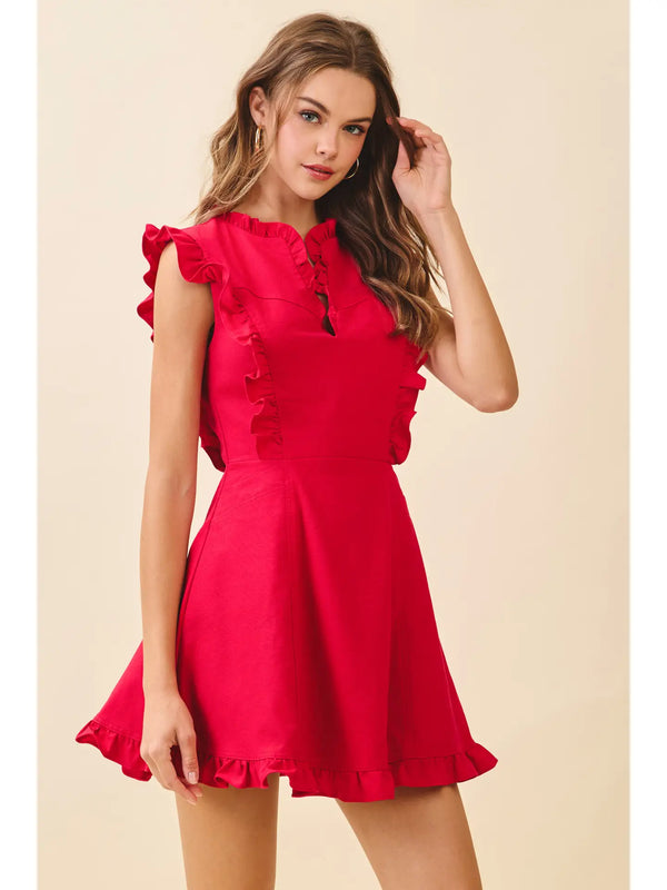 Fit and Flare Ruffled Notched Neck Mini Dress Red