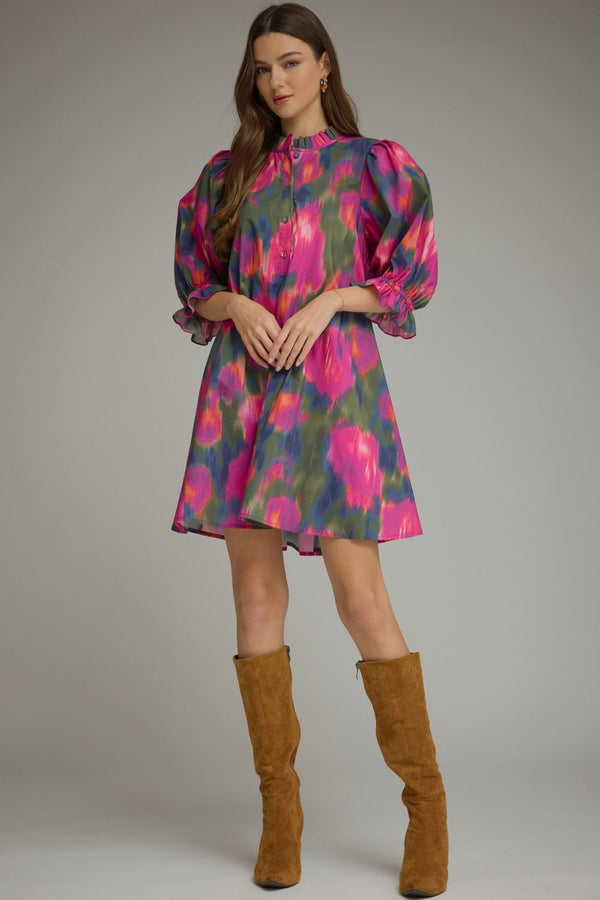 Magenta Printed Puff Sleeve Mini Dress w Ruffled Mock Neck