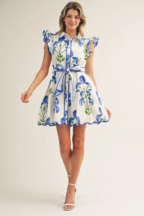 Layered Sleeves Button Down Floral Dress w Contrast Scallop Hem